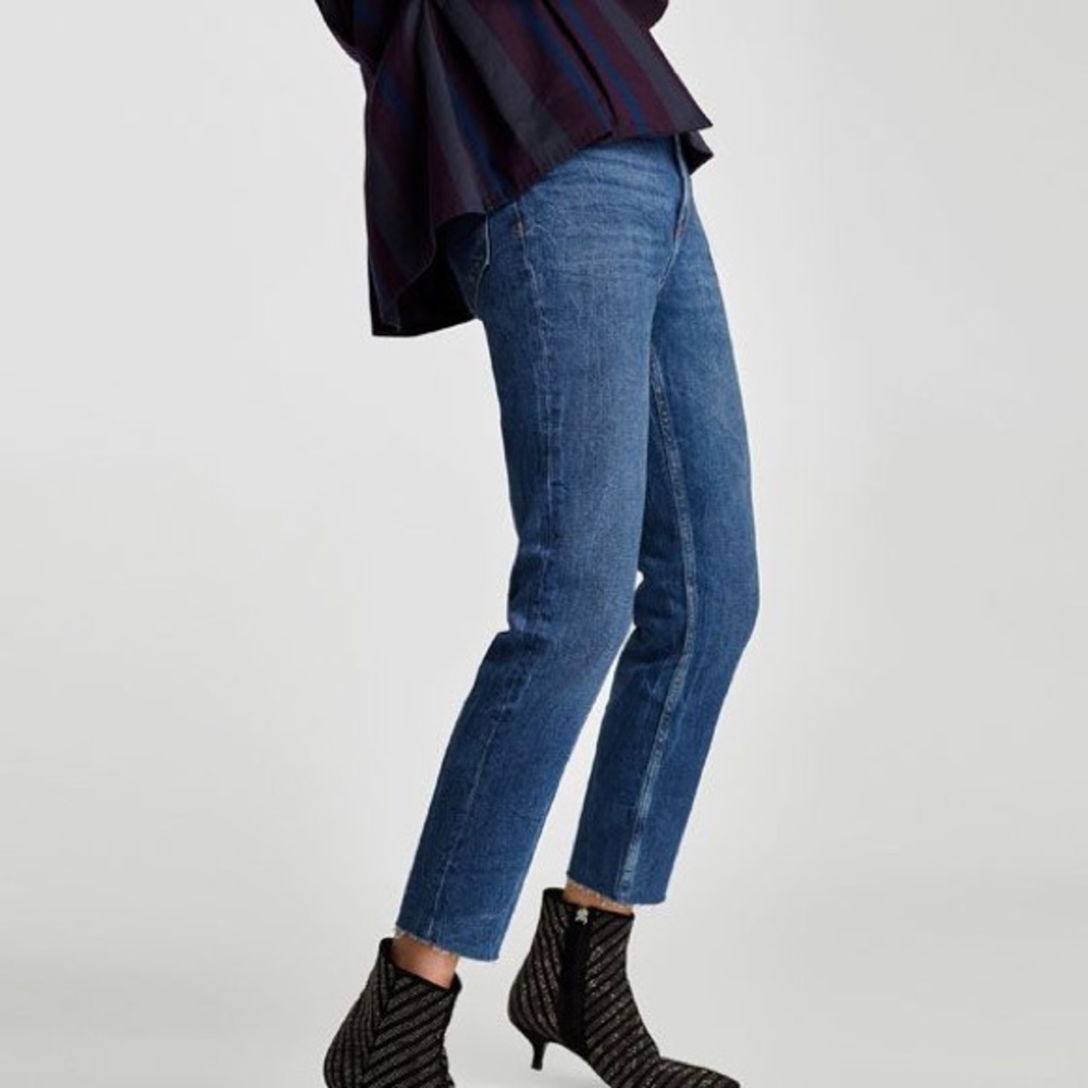 Zara High Waist Skinny Crop Ankle Raw Hem Denim